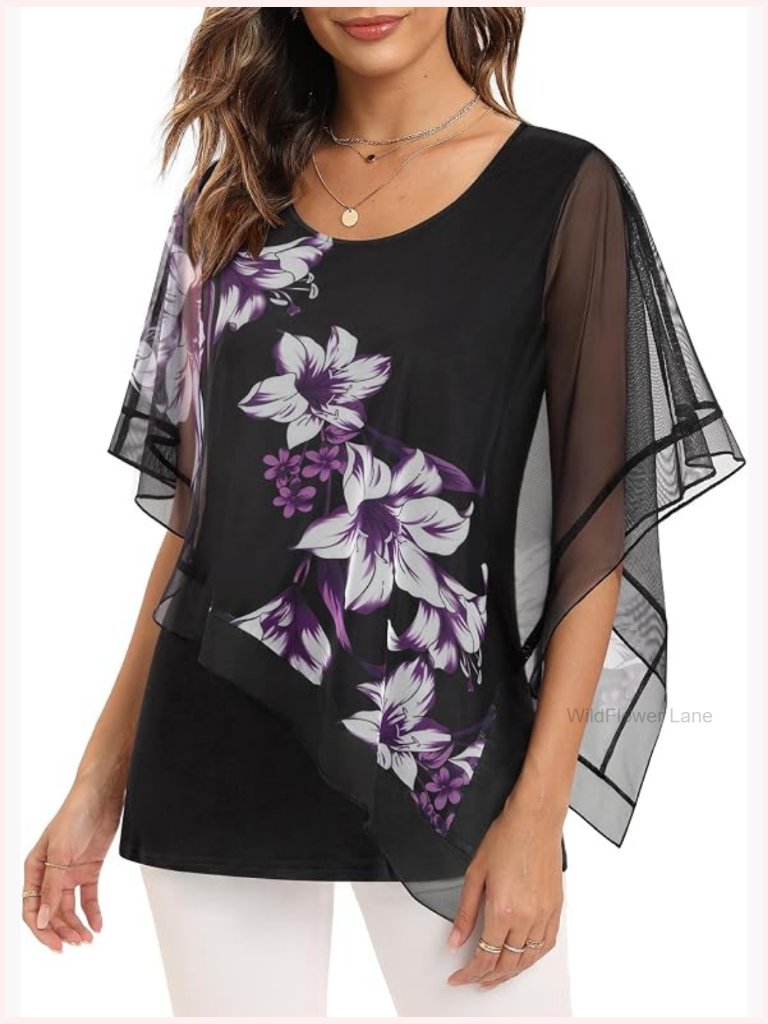 Elegant Flowy Mesh Blouse Dressy Casual Poncho Top With Ruffled Sleeves